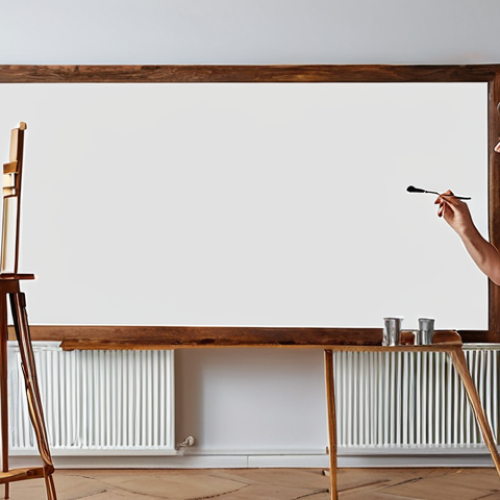 Home 11 **
A painter standing before a blank canvas, contemplating a fusion of AI technology and culinary arts, with a faint outline of a smart recipe development system visible on the canvas.
**