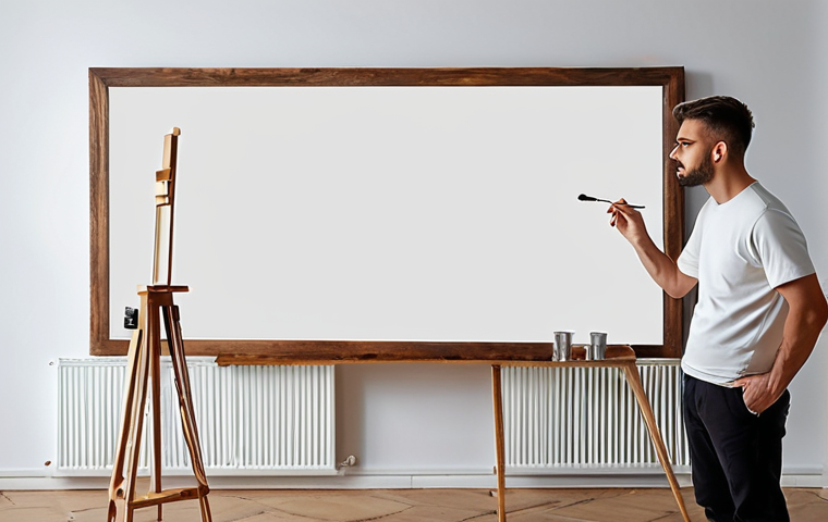 **
A painter standing before a blank canvas, contemplating a fusion of AI technology and culinary arts, with a faint outline of a smart recipe development system visible on the canvas.
**