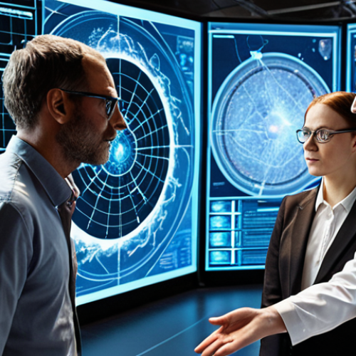 Home 6 **A diverse team of researchers from various fields collaborating intensely on a project, surrounded by holographic displays showing interconnected data points and visualizations of complex systems. The atmosphere is energetic and collaborative, symbolizing the synergy of interdisciplinary knowledge.**
