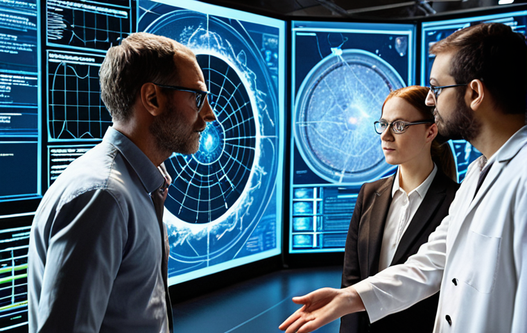**A diverse team of researchers from various fields collaborating intensely on a project, surrounded by holographic displays showing interconnected data points and visualizations of complex systems. The atmosphere is energetic and collaborative, symbolizing the synergy of interdisciplinary knowledge.**
