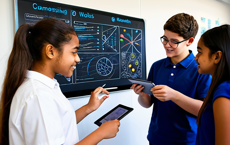 A diverse group of high school students, fully clothed in modest, appropriate attire, are actively collaborating on a hands-on educational project in a modern, brightly lit classroom. One student is sketching design ideas on a large screen, another is analyzing data on a tablet, and a third is assembling a small, intricate model that combines elements of science and art. The background features colorful educational posters displaying interconnected concepts from various subjects like environmental science, technology, and design. The students exhibit enthusiasm and teamwork, with natural poses and correct proportions, reflecting a dynamic learning atmosphere emphasizing interdisciplinary problem-solving and creative thinking. Perfect anatomy, well-formed hands, proper finger count, natural body proportions. Safe for work, appropriate content, fully clothed, professional.