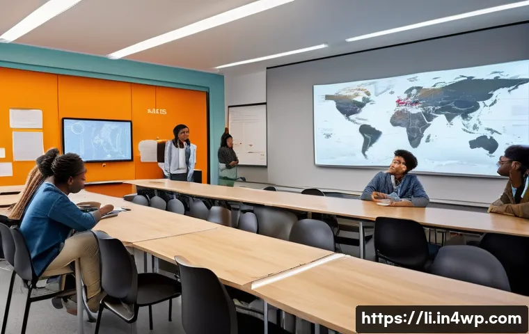 융합 연구 방법론의 교육적 가치 - A modern interdisciplinary classroom scene showing diverse university students collaborating on a pr...