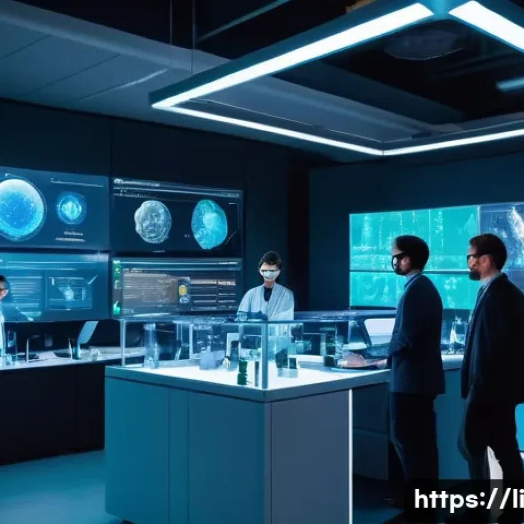 융합 연구 결과의 평가 기준 - A futuristic interdisciplinary research lab scene showcasing diverse scientists collaborating intens...