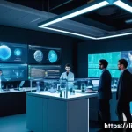 융합 연구 결과의 평가 기준 - A futuristic interdisciplinary research lab scene showcasing diverse scientists collaborating intens...