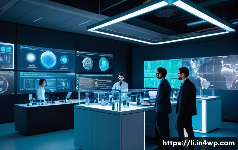 융합 연구 결과의 평가 기준 - A futuristic interdisciplinary research lab scene showcasing diverse scientists collaborating intens...