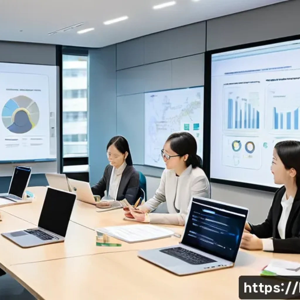 융합 연구의 관리 기법 - A modern collaborative workspace showing a diverse team of professionals from different fields activ...