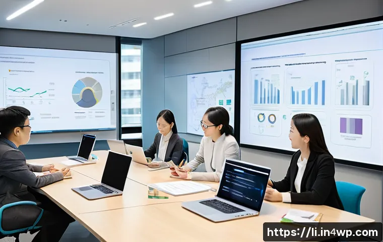 융합 연구의 관리 기법 - A modern collaborative workspace showing a diverse team of professionals from different fields activ...