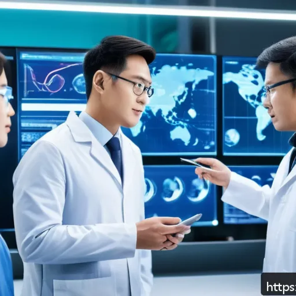 융합 연구의 사업화 전략 - A futuristic laboratory scene showing a diverse team of scientists and engineers collaborating on AI...