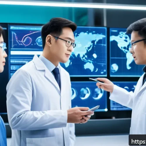 융합 연구의 사업화 전략 - A futuristic laboratory scene showing a diverse team of scientists and engineers collaborating on AI...