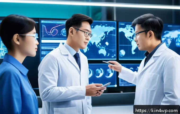 융합 연구의 사업화 전략 - A futuristic laboratory scene showing a diverse team of scientists and engineers collaborating on AI...