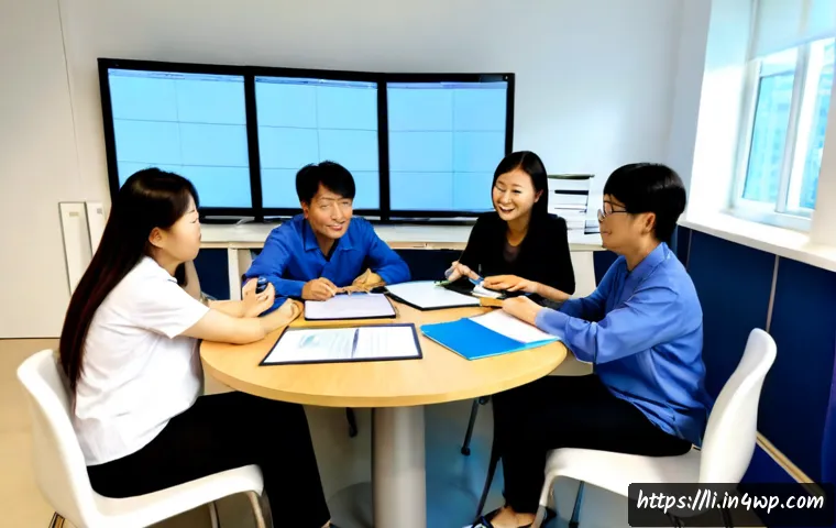 융합 연구의 정보 공유 전략 - Photorealistic interdisciplinary research team of diverse scientists seated around a clean round tab...